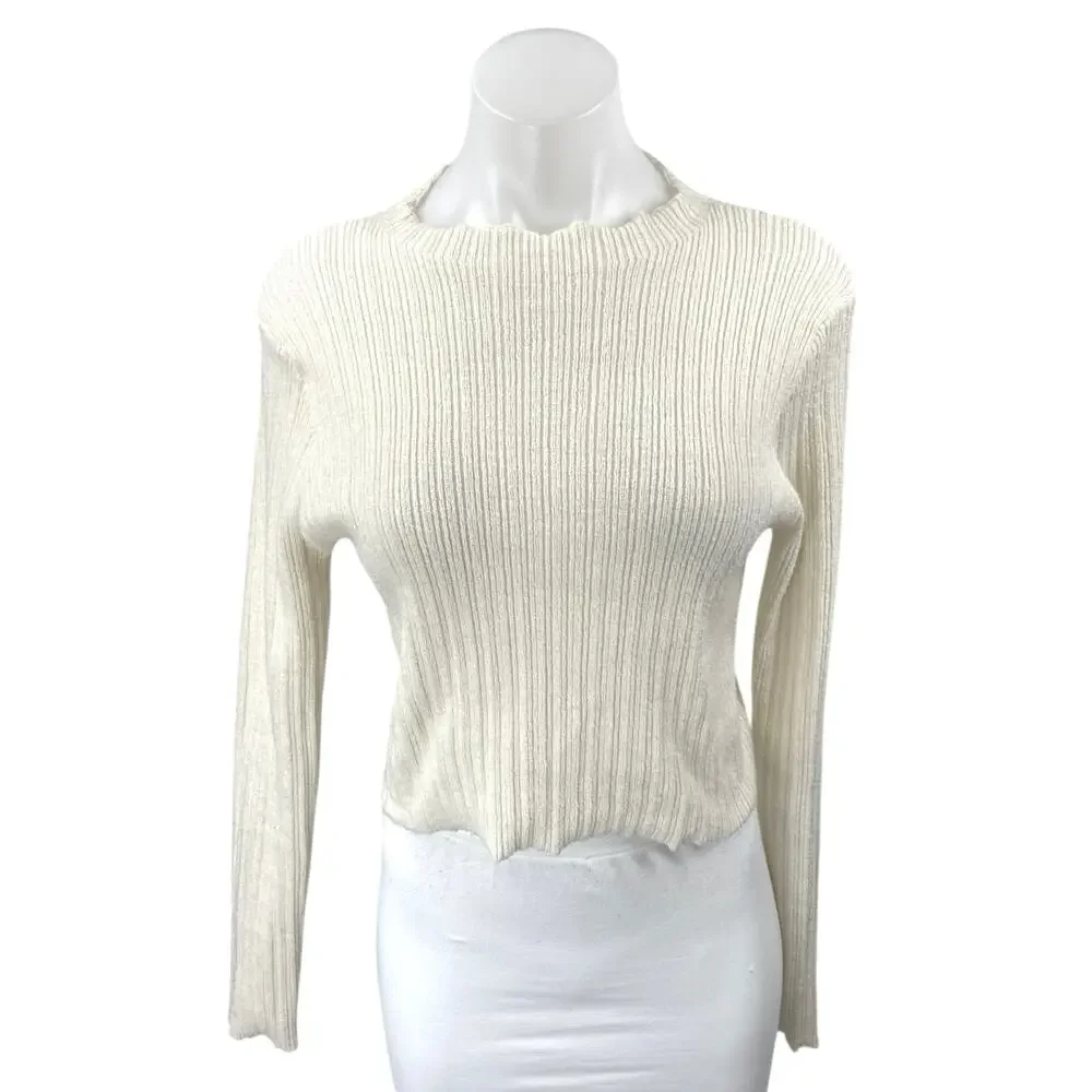 Zara Women's Cream White Ribbed Knit Long Sleeve Pullover Crop Sweater Top Sz L